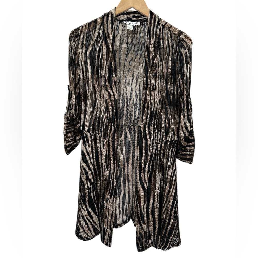Joseph Ribkoff Open Front Lightweight Sheer Zebra Print LDS Cover Up Brown Black